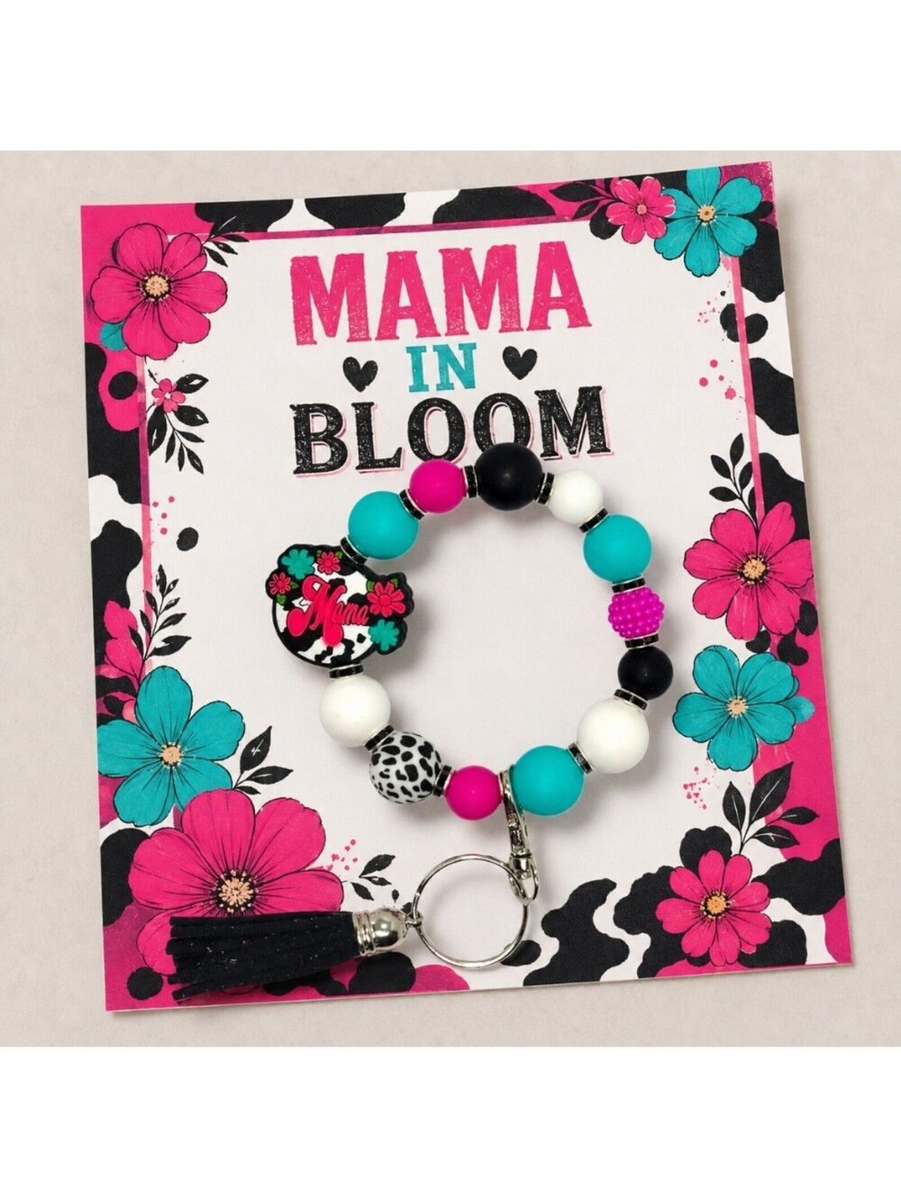 MAMA Cow Print Floral Keychain Bracelet Handmade New